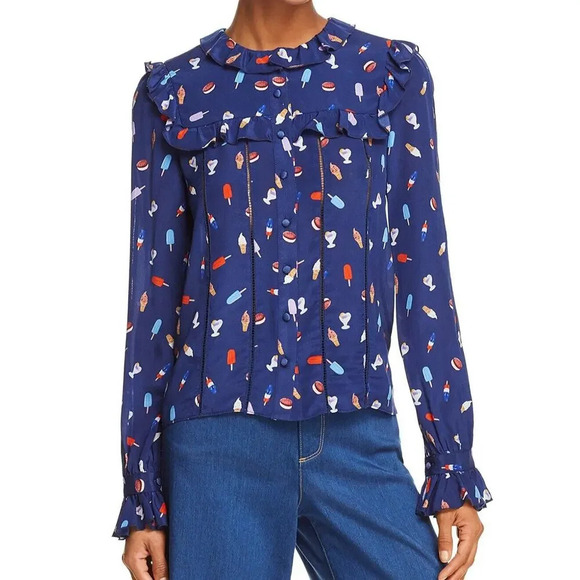 ALICE AND OLIVIA Ice Cream print Ruffle Blouse 100% Silk Size XS 1354 - Picture 3 of 13
